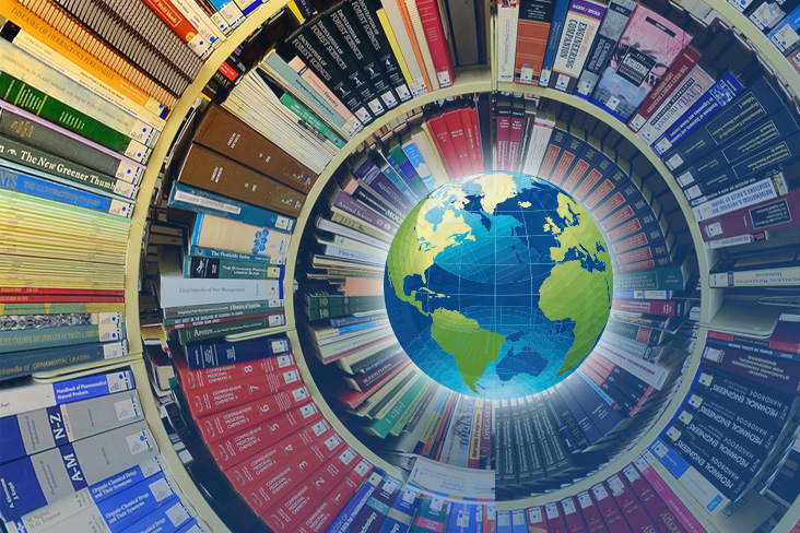 Reference bookshelves in spiral around stylized globe