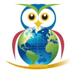 Color illustration of two dimensional owl with three dimensional globe for a a body